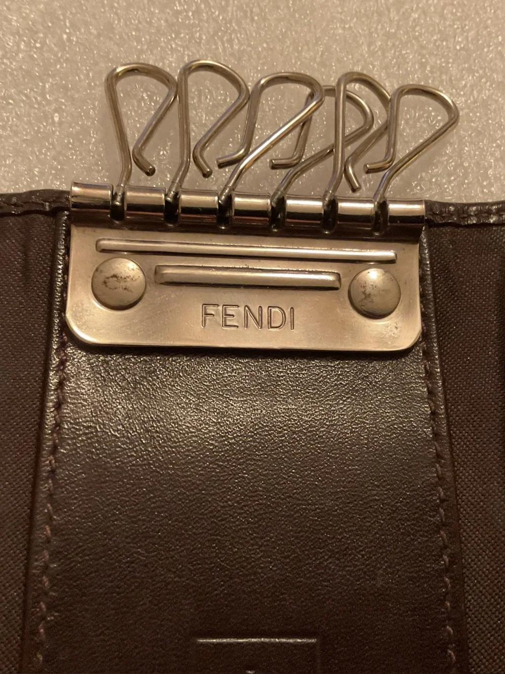 Vintage 1990s Y2K Fendi Zucca FF 6-Key Holder Case Brown Leather Made in Italy
